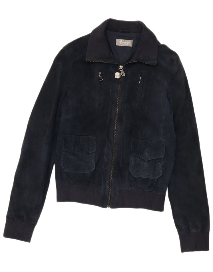 Bomber vintage pentru femei de piele intoarsa UK 12 Medium bleumarin din piele