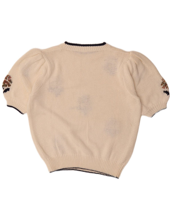 Pulover vintage pentru femei cu mânecă scurtă cu decolteu triplu UK 20 2XL Alb Floral