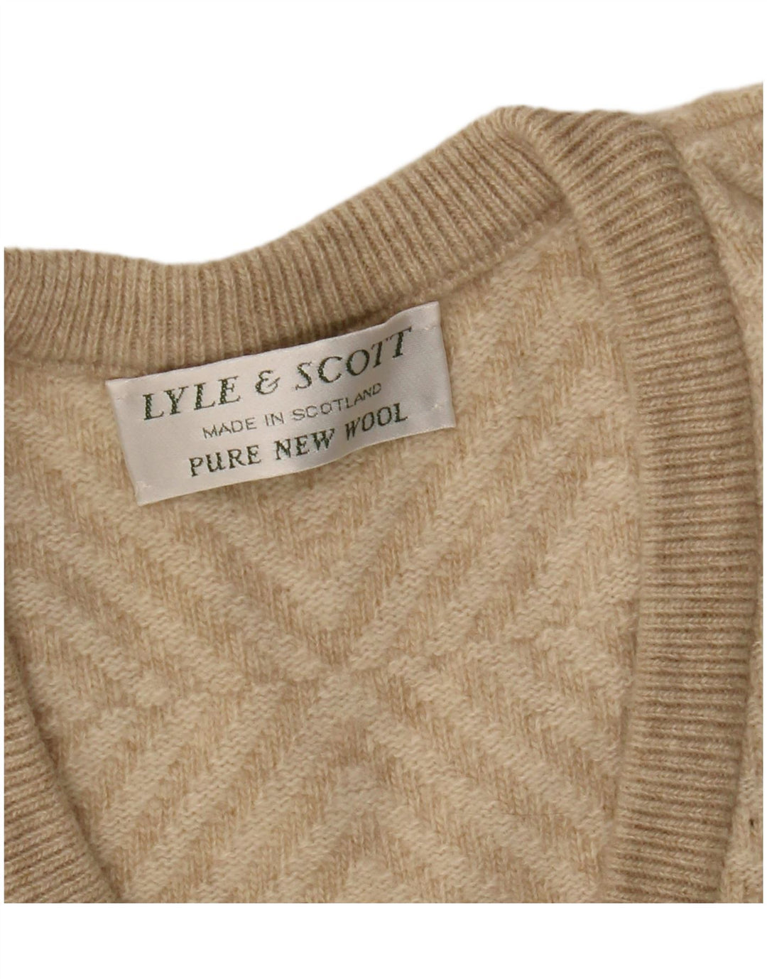 Pulover cu decolteu în V Lyle & Scott pentru bărbați, XL, bej, lână geometrică