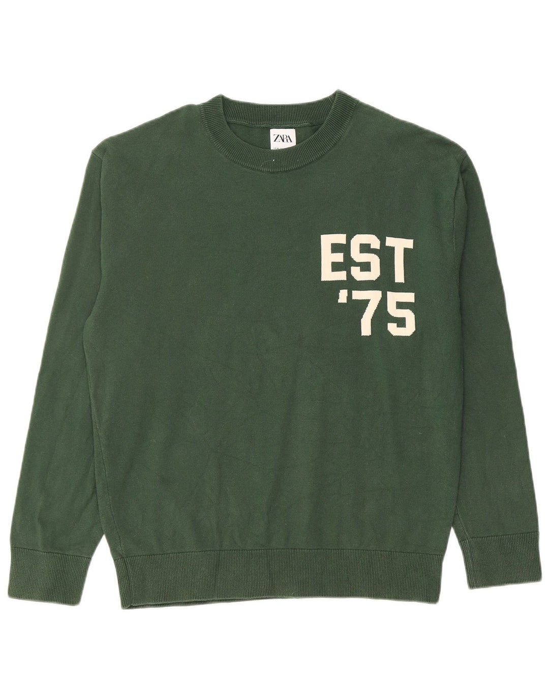 ZARA Mens Graphic Crew Neck Jumper Sweater Medium Green Cotton