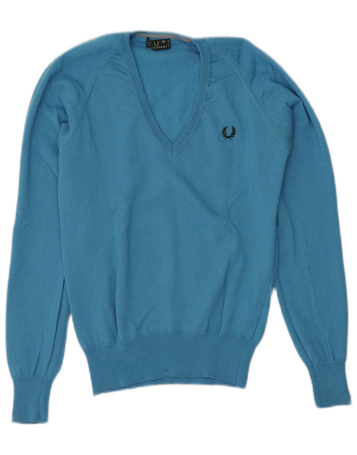 Pulover cu decolteu în V Fred Perry pentru femei UK 12 Lână albastră medie