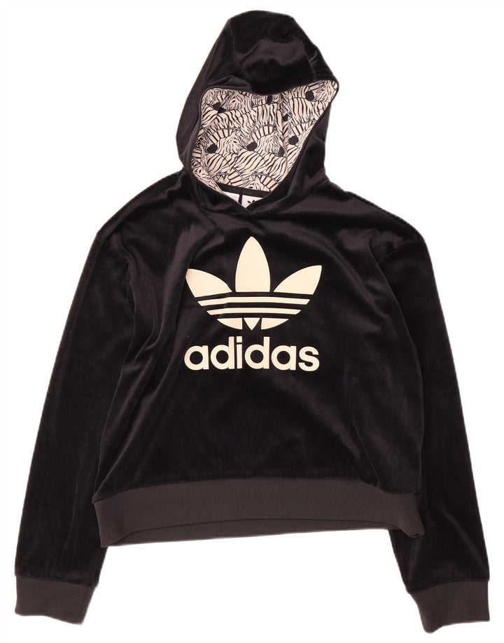 Pulover ADIDAS pentru fete cu grafic din velur, 13-14 ani, negru
