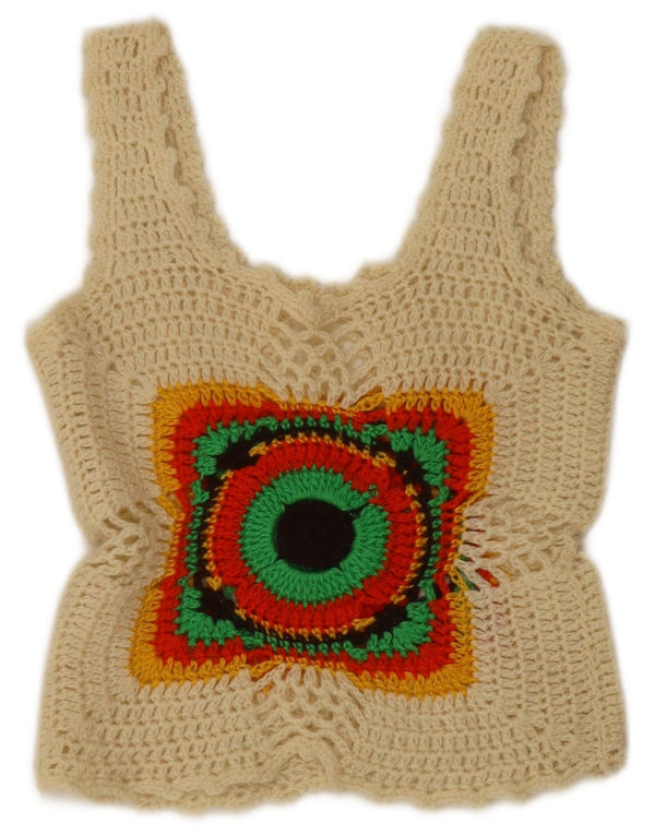 Crop Top fără mâneci din croșetat vintage pentru femei UK 4 XS alb negru geometric