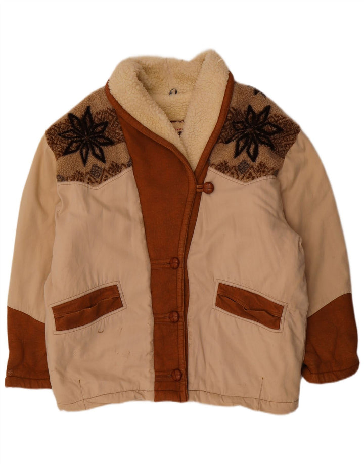 Jachetă Sherpa de damă vintage oversized UK 18 XL Bej Fair Isle Poliester