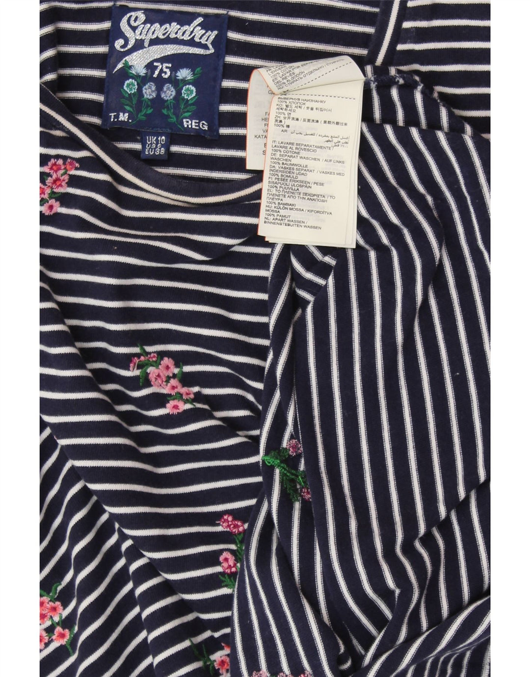 SUPERDRY Top pentru femei cu mânecă lungă UK 10 mic, bleumarin, bumbac cu dungi