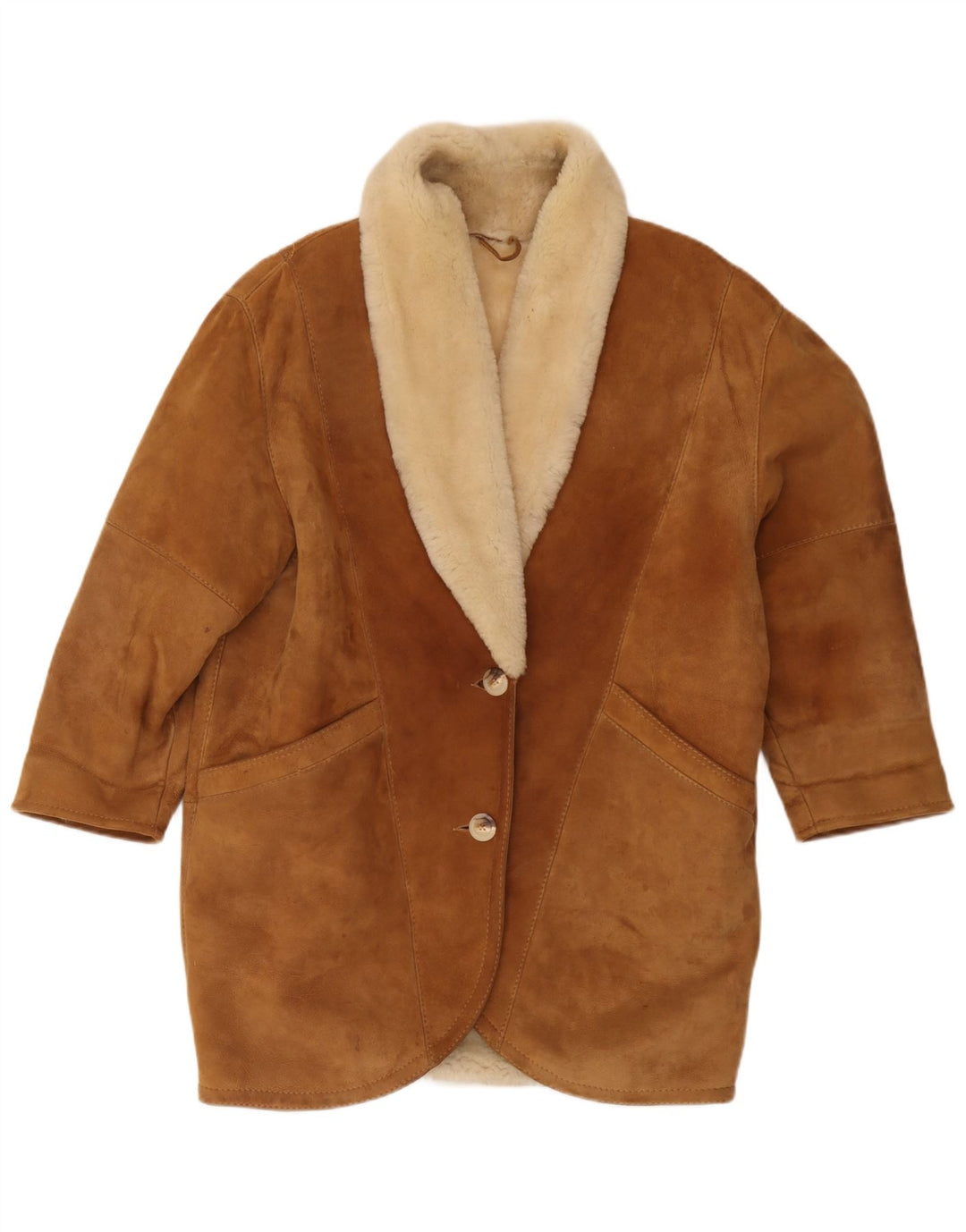 Palton supradimensionat din shearling vintage pentru femei IT 44 maro mediu din shearling