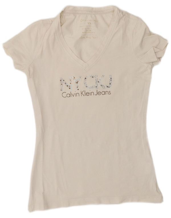 Tricou grafic pentru femei Calvin Klein Jeans Top UK 6 XS Bumbac alb