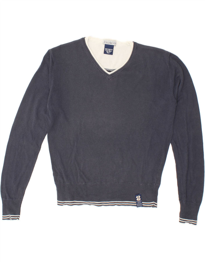 ZU ELEMENTS Womens V-Neck Jumper Sweater UK 14 Medium Navy Blue Cotton Vintage Zu Elements and Second-Hand Zu Elements from Messina Hembry 