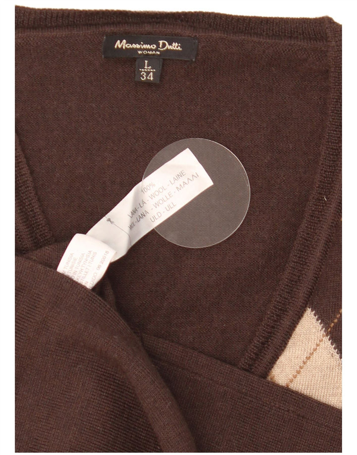 Pulover cu decolteu în V Massimo Dutti pentru femei UK 14 mare maro Argyle/Diamond