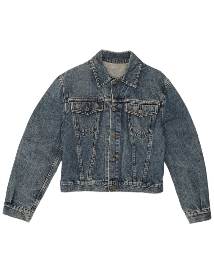 Jachetă de denim crop vintage pentru femei UK 14 Large Blue Paisley