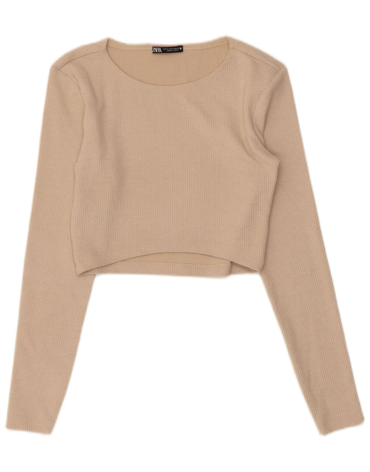ZARA Womens Crop Top Long Sleeve UK 12 Medium Beige Polyester