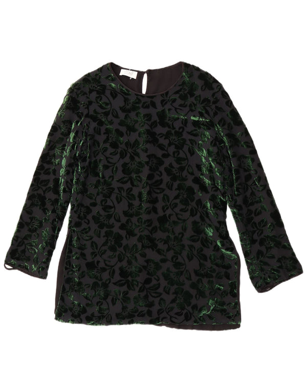 Bluză din catifea cu mânecă lungă pentru femei vintage UK 12 Medium Black Floral