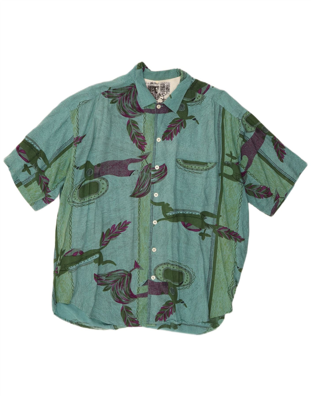 Cămașă cu mânecă scurtă vintage pentru bărbați cu model abstract, XL, viscoză verde