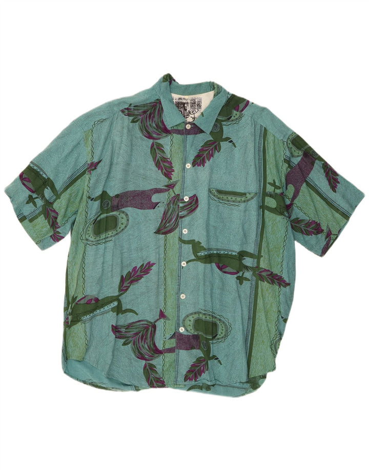 Cămașă cu mânecă scurtă vintage pentru bărbați cu model abstract, XL, viscoză verde