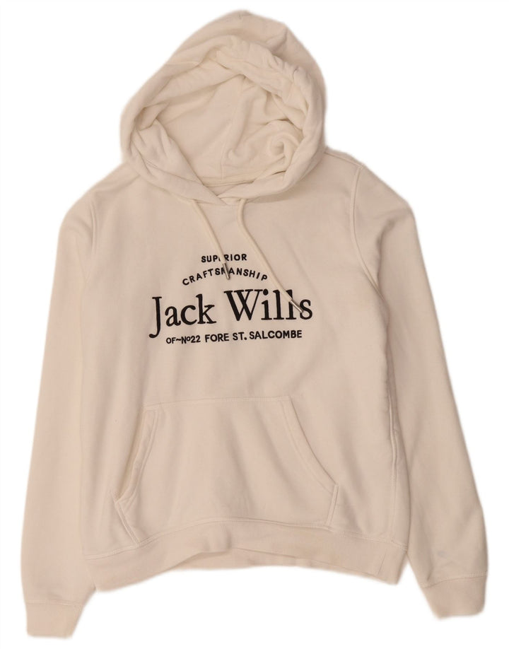 JACK WILLS Pulover supradimensionat cu glugă cu grafic pentru femei UK 10 Bumbac alb mic