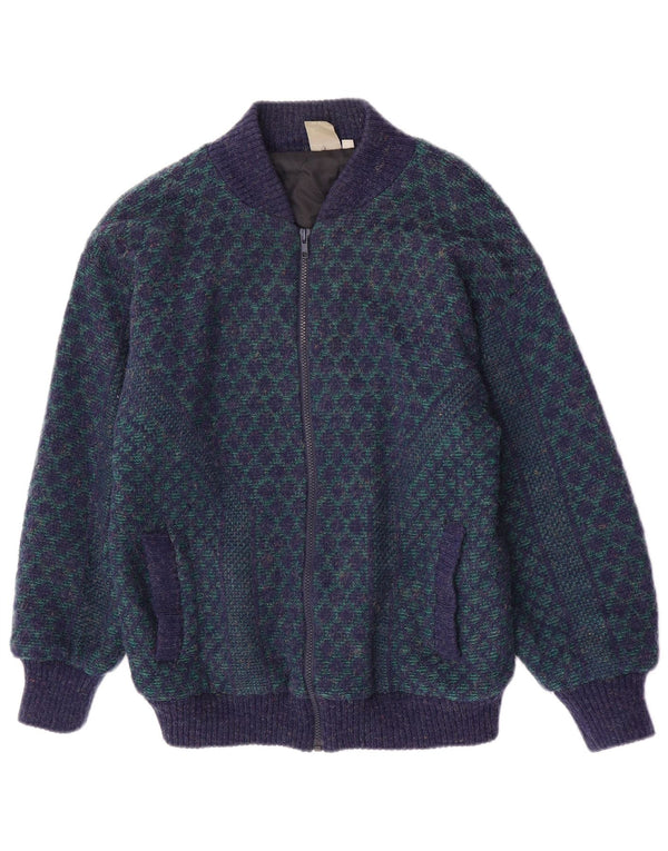 Jachetă Bomber Vintage pentru bărbați din tricot UK 38 Medium Blue Geometric Acrilic Retro