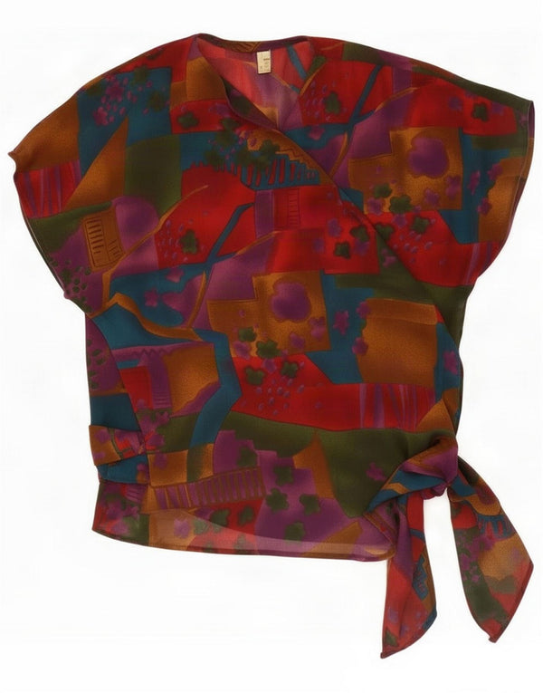 Vintage Womens Short Sleeve Wrap Blouse Top UK 16 Large Red Geometric