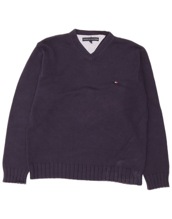 Pulover pentru bărbați Tommy Hilfiger, cu decolteu în V, mic din bumbac bleumarin