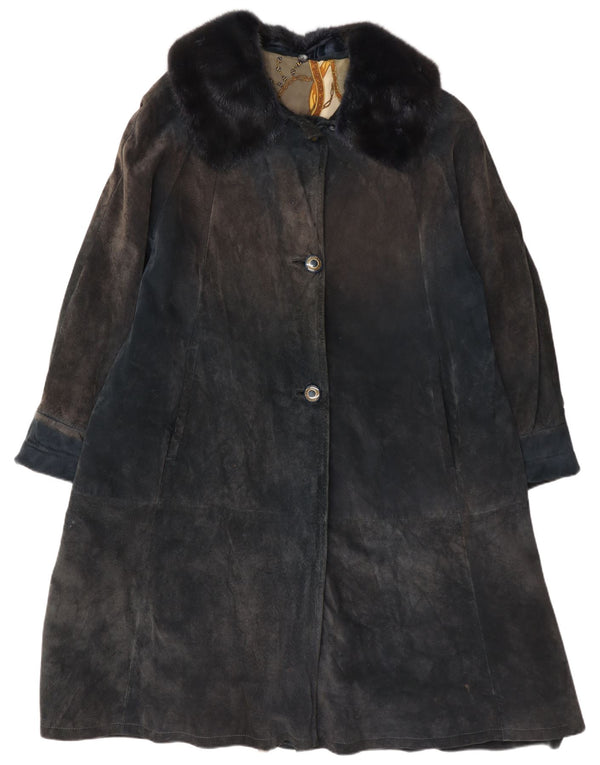 Pardesiu vintage pentru femei de piele intoarsa UK 14 mare bleumarin