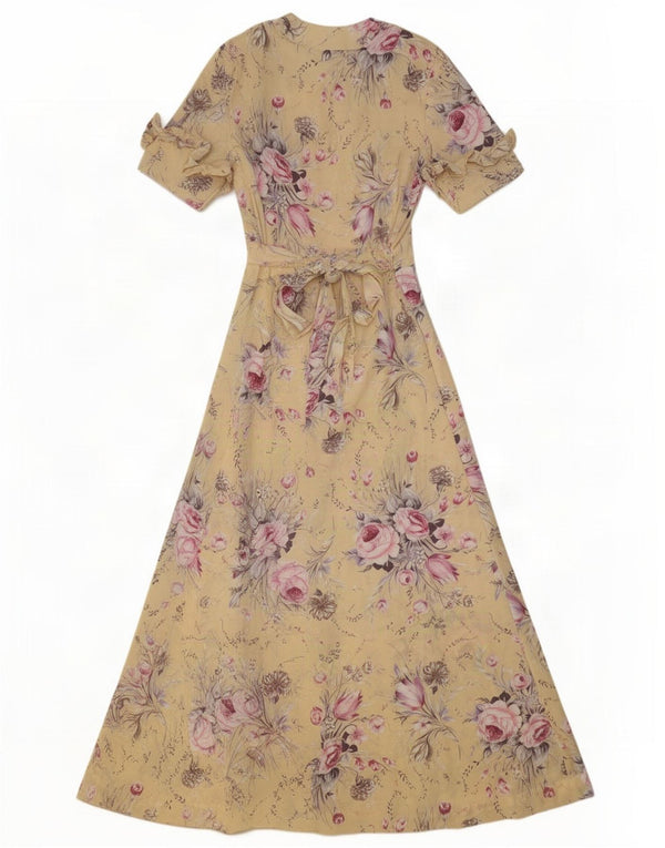 Rochie maxi vintage pentru femei cu volane în față UK 16, mare, galbenă, florală
