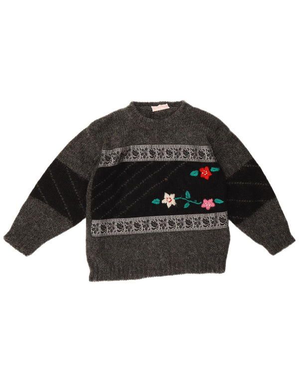 Pulover vintage pentru femei cu decolteu rotund UK 10 mic, gri, floral