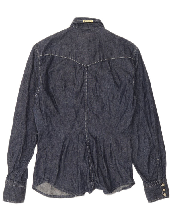 REPLAY Womens Denim Shirt UK 12 Medium Navy Blue