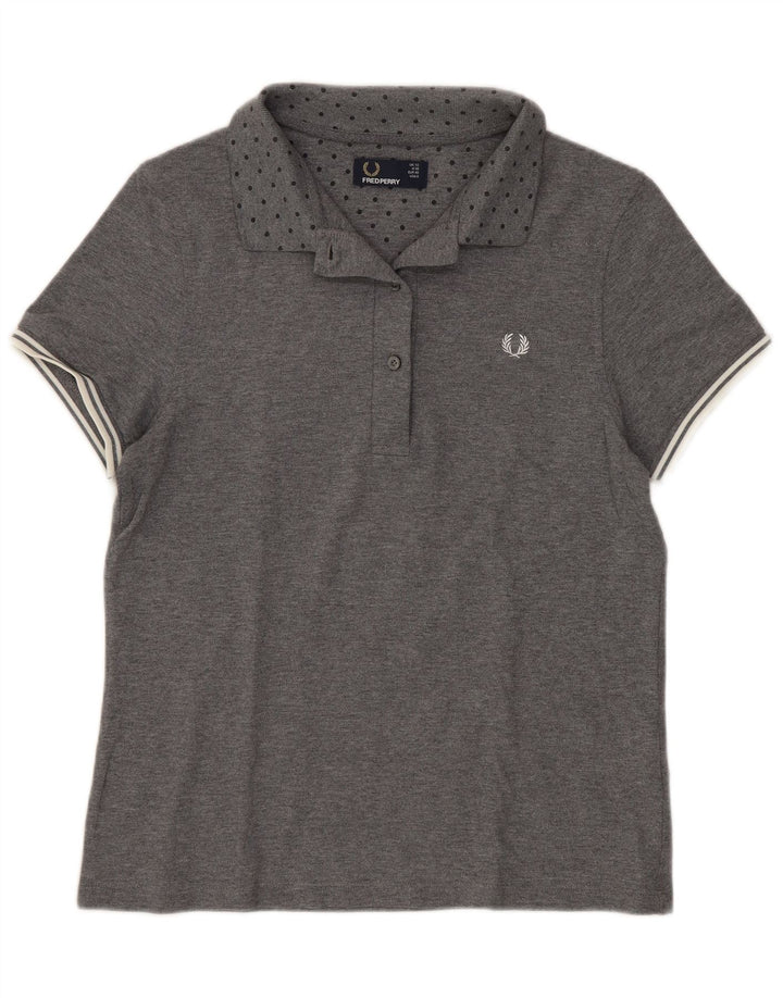 Tricou polo Fred Perry pentru femei UK 12, bumbac cu pete, gri mediu