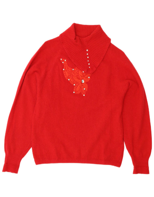 Pulover vintage pentru femei cu gât șal, UK 12, lână roșie medie