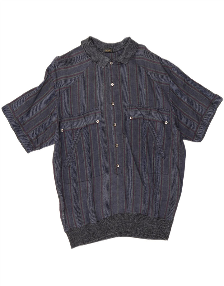 Cămașă pulover cu mânecă scurtă pentru bărbați vintage IT 50 Medium Bleumarin în dungi
