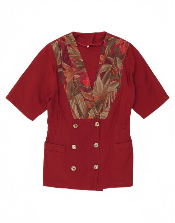 Jachetă vintage pentru femei cu mânecă scurtă, UK 14, mare, burgundă, florală