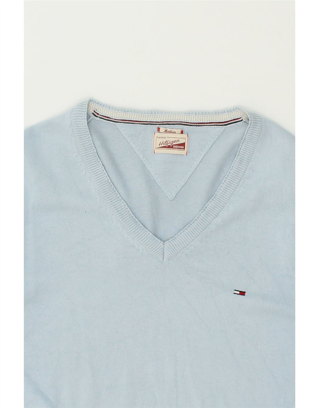 TOMMY HILFIGER Mens V-Neck Jumper Sweater Medium Blue Cotton Vintage Tommy Hilfiger and Second-Hand Tommy Hilfiger from Messina Hembry 