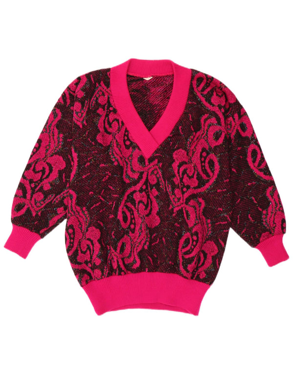 Pulover vintage pentru femei cu decolteu în V UK 16, mare, roz Paisley Poliacrilic