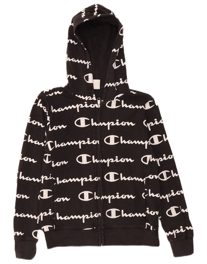 CHAMPION Womens Graphic Zip Hoodie Sweater UK 14 Medium Black