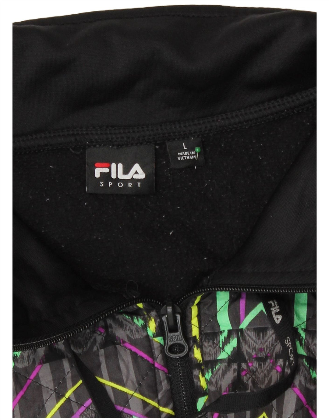 Pulover Fila pentru femei, cu fermoar, cu glugă, UK 16, mare, negru, poliester geometric