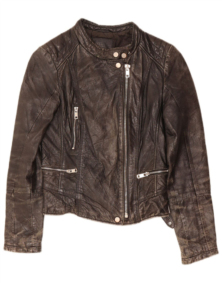 BERSHKA Womens Biker Leather Jacket UK 12 Medium Black Leather