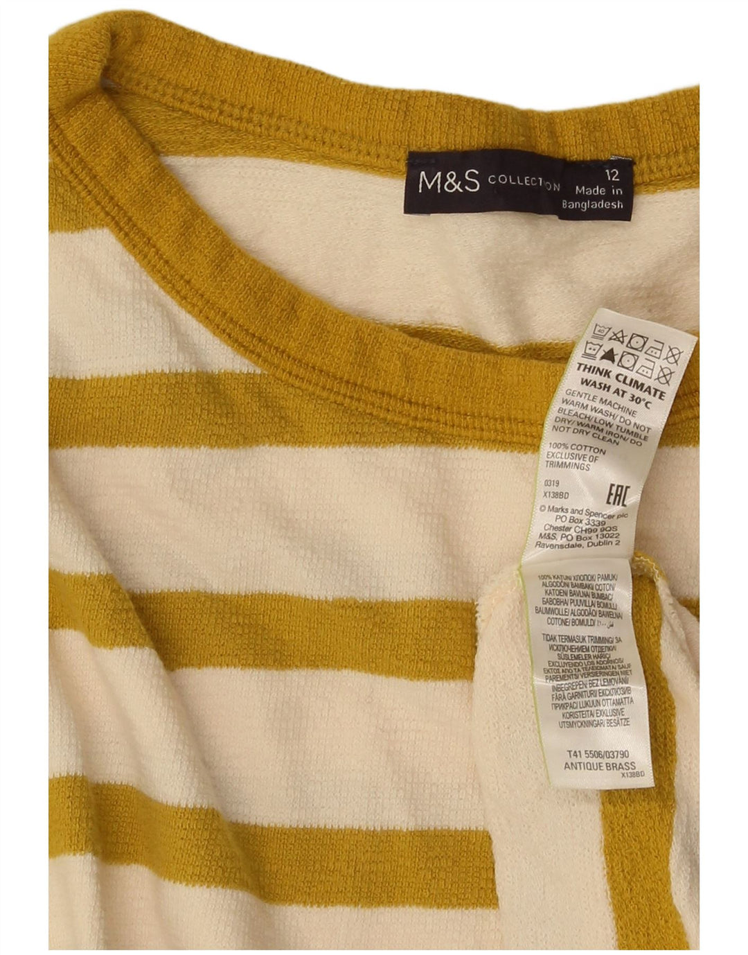 Top pentru femei Marks & Spencer cu mânecă lungă UK 12, bumbac cu dungi galbene medii