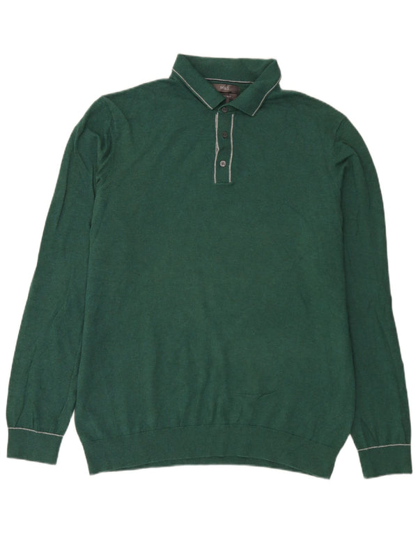 Marks & Spencer Mens Polo Neck Jumper Sweater Large Green Cotton