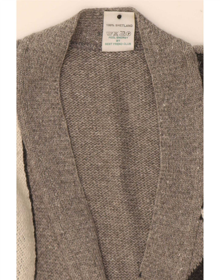 Pulover cardigan pentru bărbați Shetland, lână geometrică, gri mediu