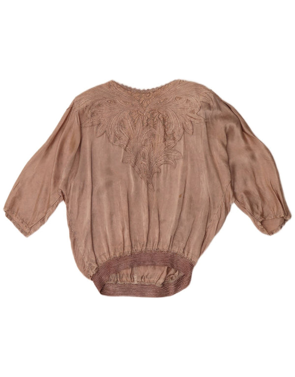 Bluză vintage cu mâneci 3/4 pentru femei UK 20 2XL maro viscoză florală