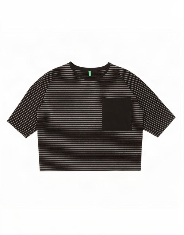 Tricou pentru femei Benetton Crop Oversized Top UK 10 Small Black Pinstripe
