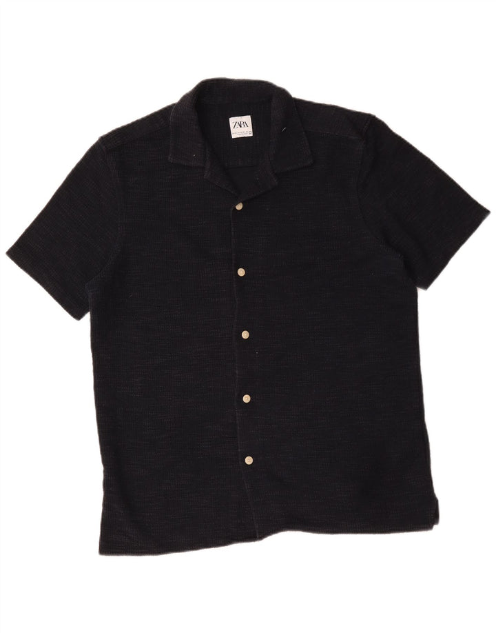Cămașă de flanel cu mânecă scurtă pentru bărbați Zara, bumbac mediu albastru bleumarin