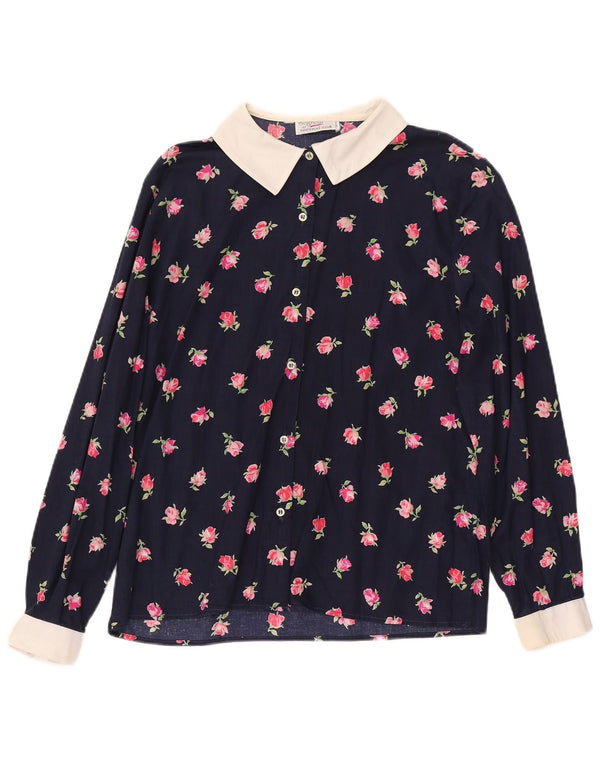 Emmanuel Schvili Womens Shirt Blouse UK 14 Large Navy Blue Floral Cotton