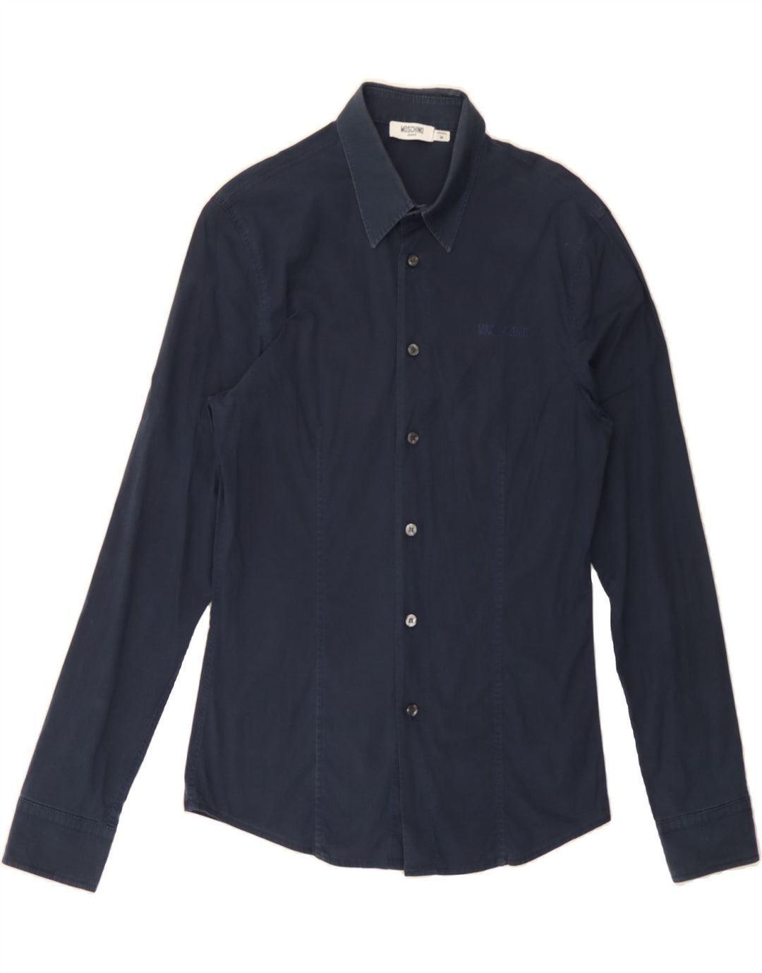 MOSCHINO Womens Shirt UK 12 Medium Navy Blue Cotton Vintage Moschino and Second-Hand Moschino from Messina Hembry 