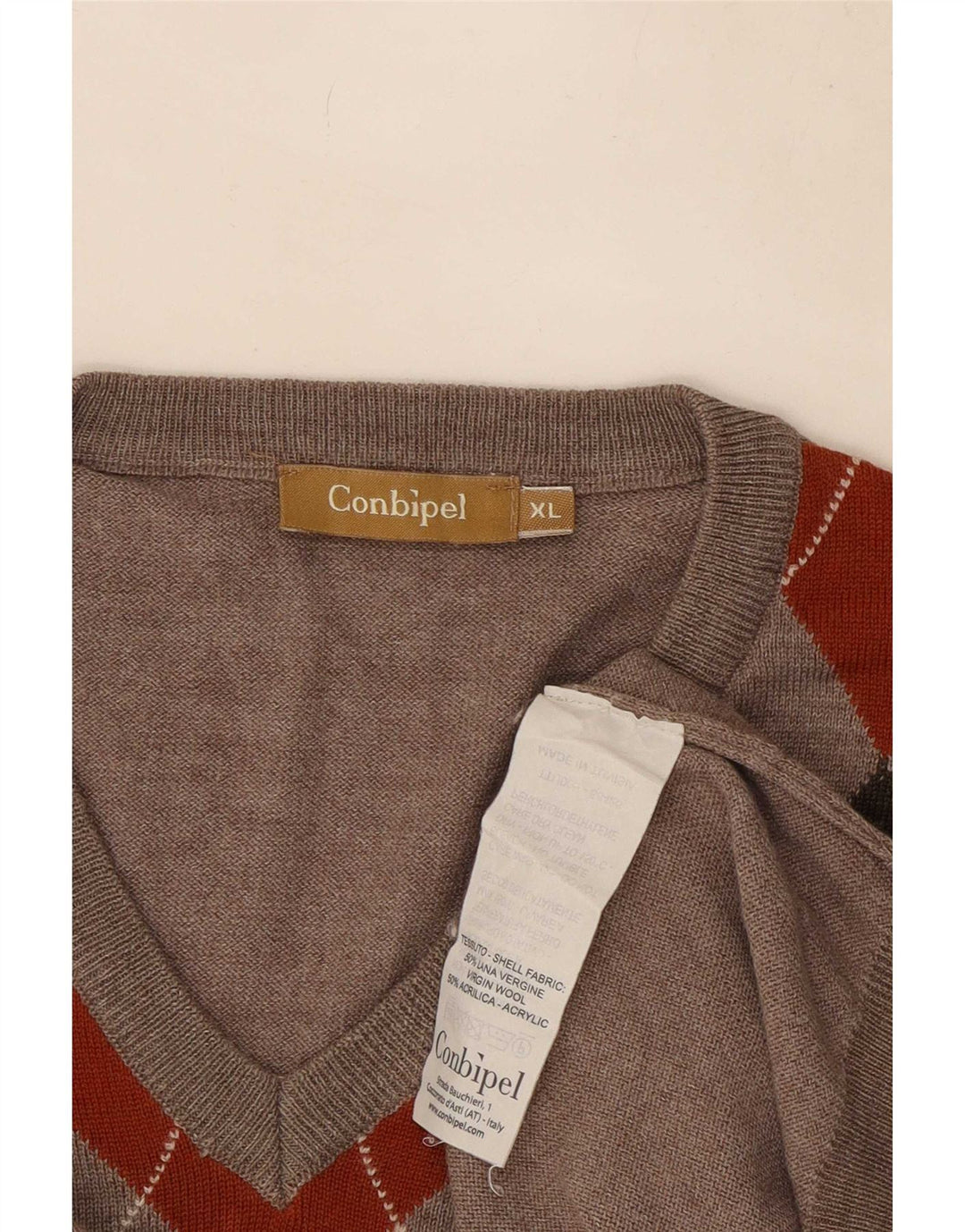 Pulover pentru bărbați Conbipel, cu decolteu în V, XL, gri Argyle/Lână diamant