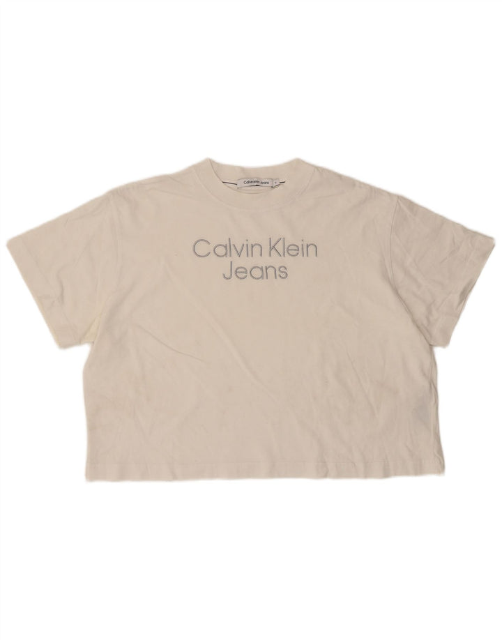 Calvin Klein Jeans Tricou cu grafic crop pentru femei Top UK 14 Medium White