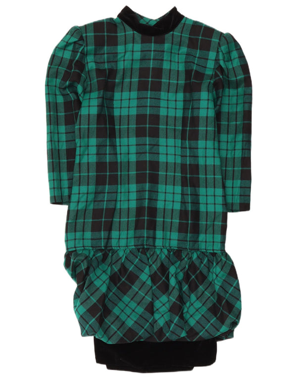Rochie vintage pentru femei cu mâneci lungi peplum UK 12 Medium Green Check Wool