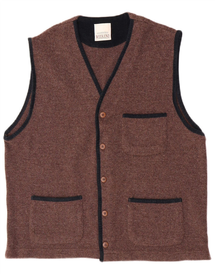 Pulover Cardigan fără mâneci pentru bărbați vintage de weekend mare, lână maro