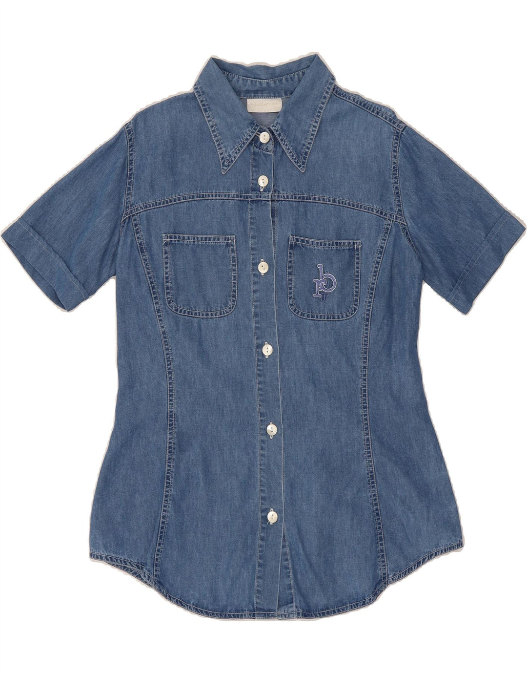 ROCCOBAROCCO Womens Short Sleeve Denim Shirt UK 12 Medium Blue Vintage Roccobarocco and Second-Hand Roccobarocco from Messina Hembry 