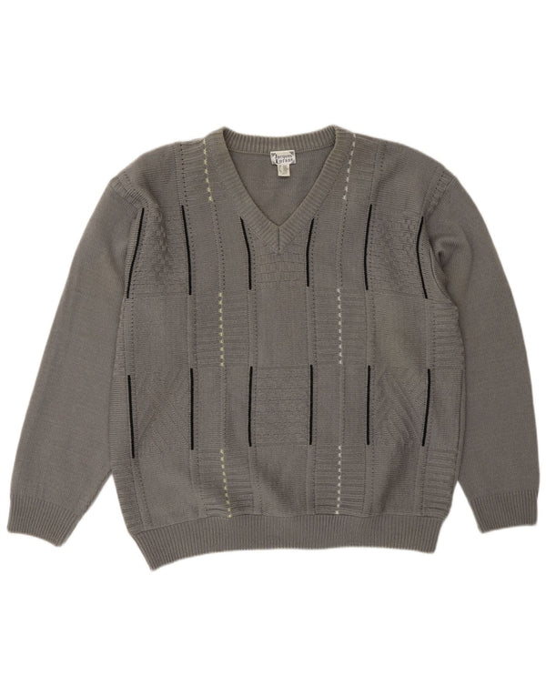 Jacques Lorant Pulover cu decolteu în V pentru bărbați UK 42/44 mare, gri cu dungi