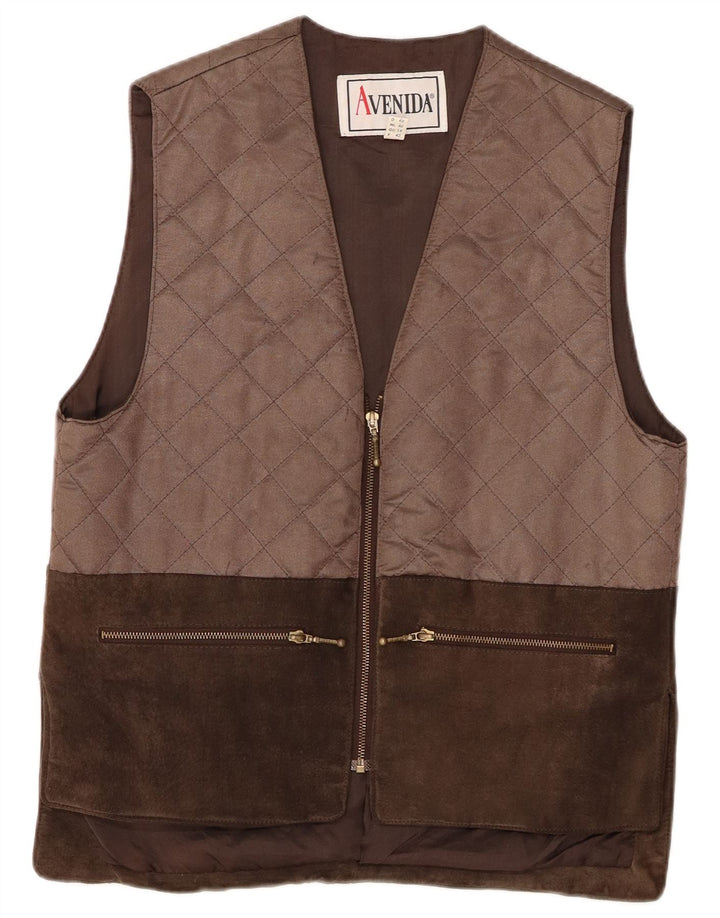 VINTAGE Gilet matlasat din piele intoarsa pentru femei UK 14, maro mare, piele color bloc